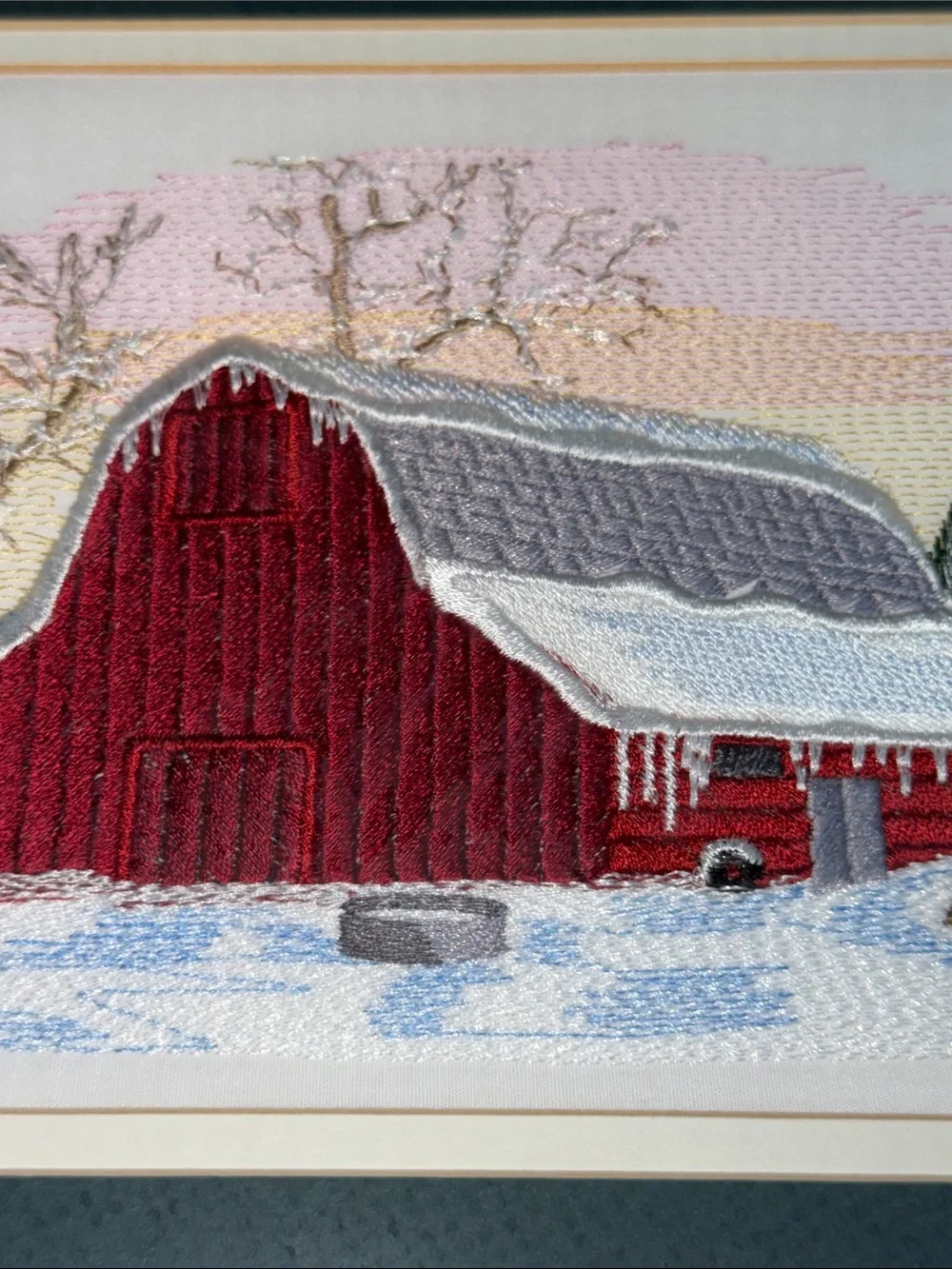 Vtg Needlepoint Embroidered Red Barn Winter Crewel Barn wood Frame Wall Hanging